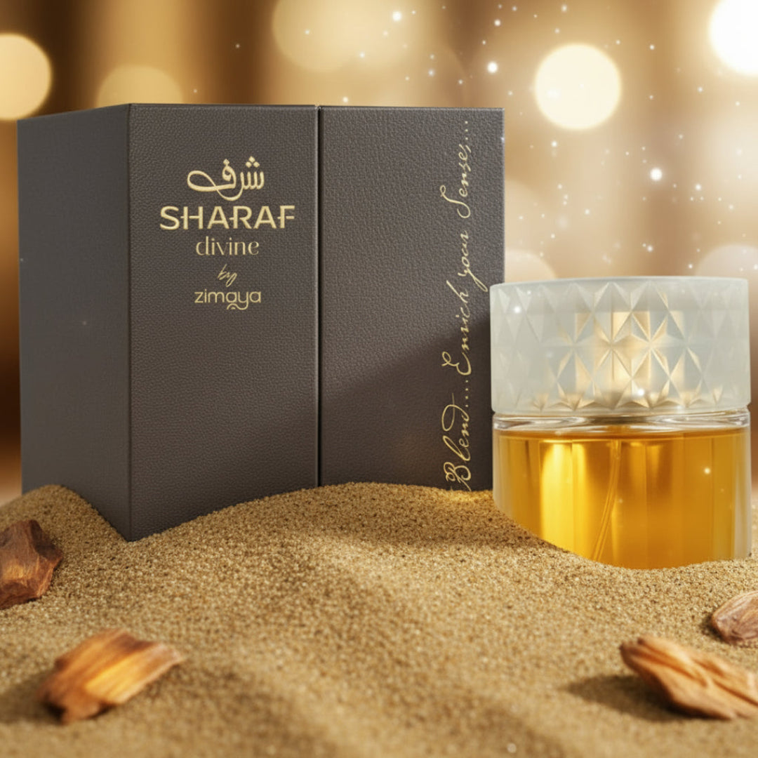 Sharaf Divine Perfume bottle in golden desert sand with oud glow Malaysia