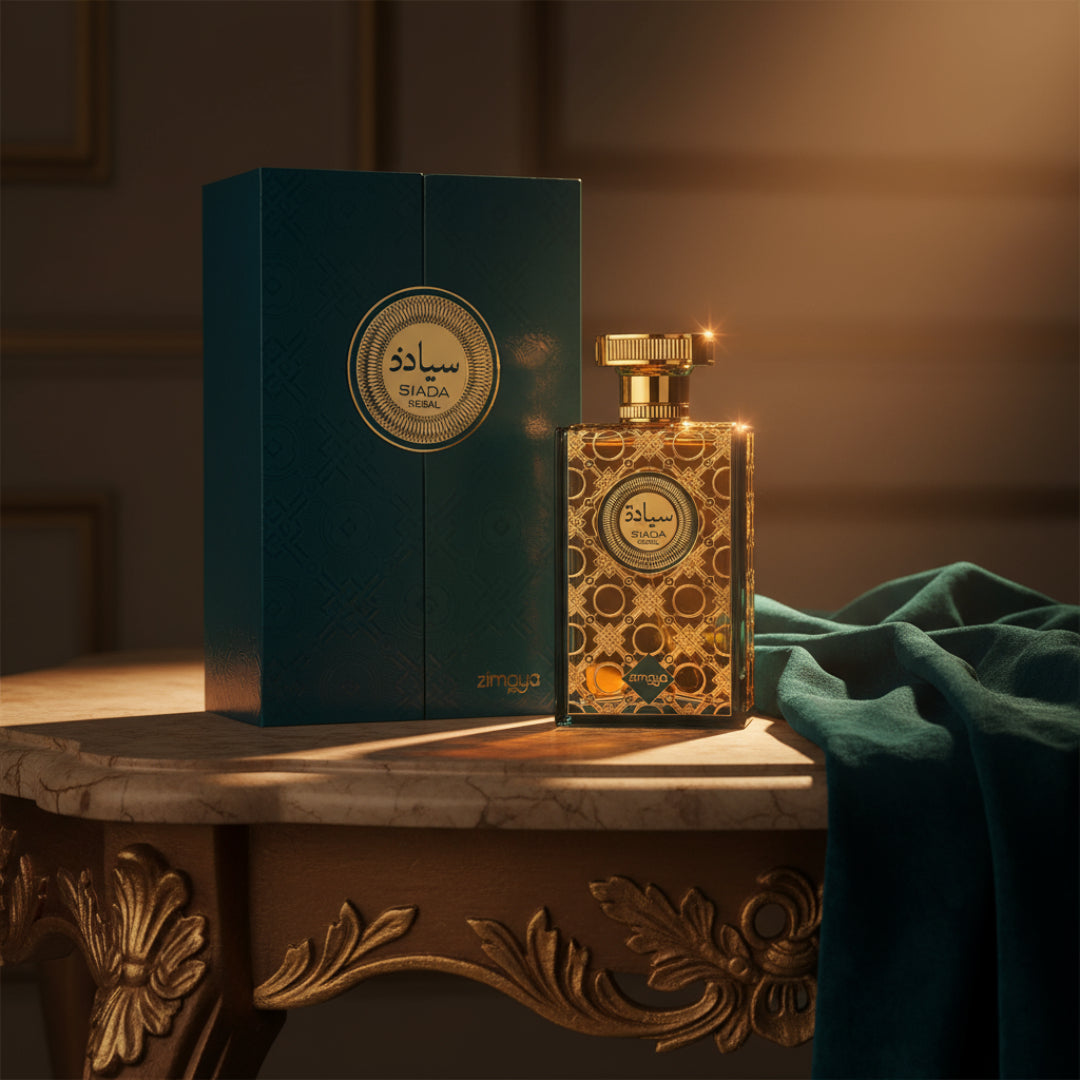 Siada Regal by Zimaya perfume bottle on golden table with velvet fabric luxury women scent Malaysia