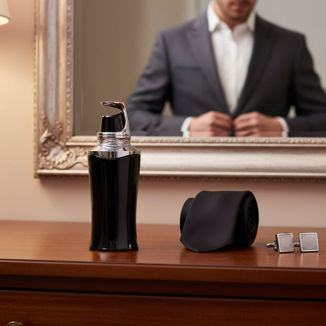 Taraf Black by Zimaya perfume bottle with suit and cufflinks reflection elegant men scent Malaysia
