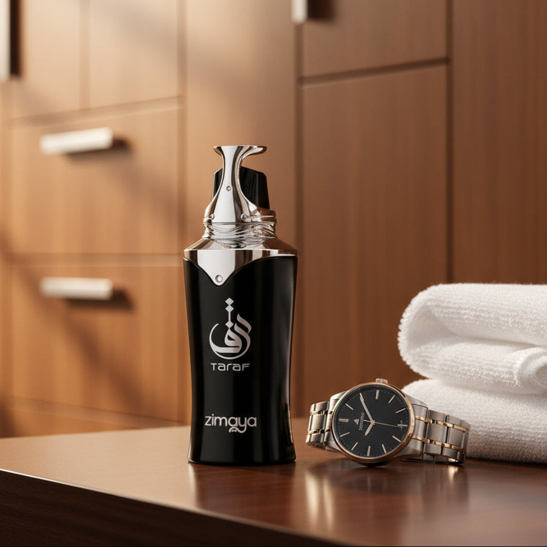 Taraf Black by Zimaya perfume bottle beside watch in locker room masculine lifestyle scent Malaysia