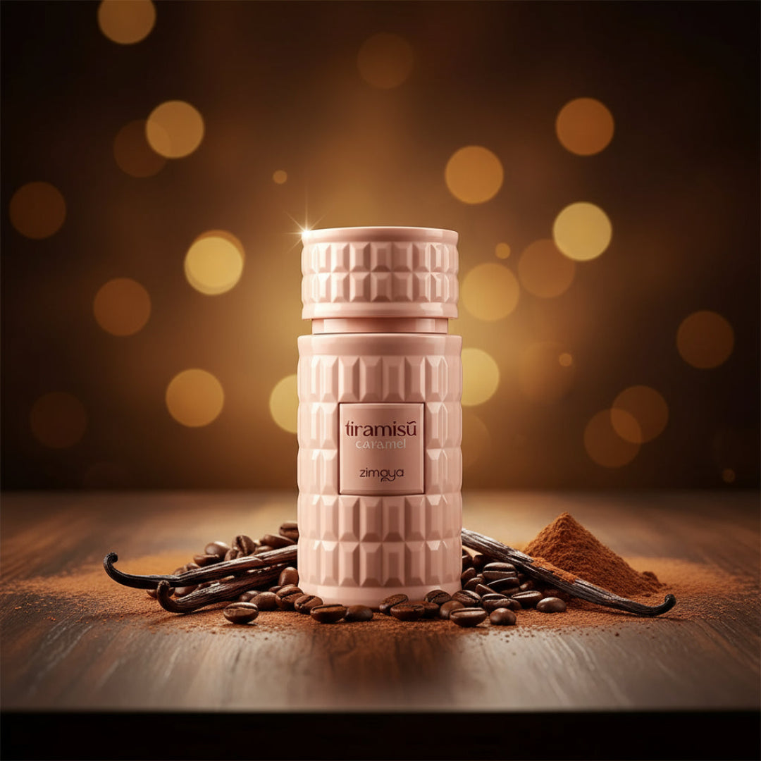 Tiramisu Caramel by Zimaya perfume bottle surrounded by coffee beans and vanilla pods luxury dessert scent Malaysia