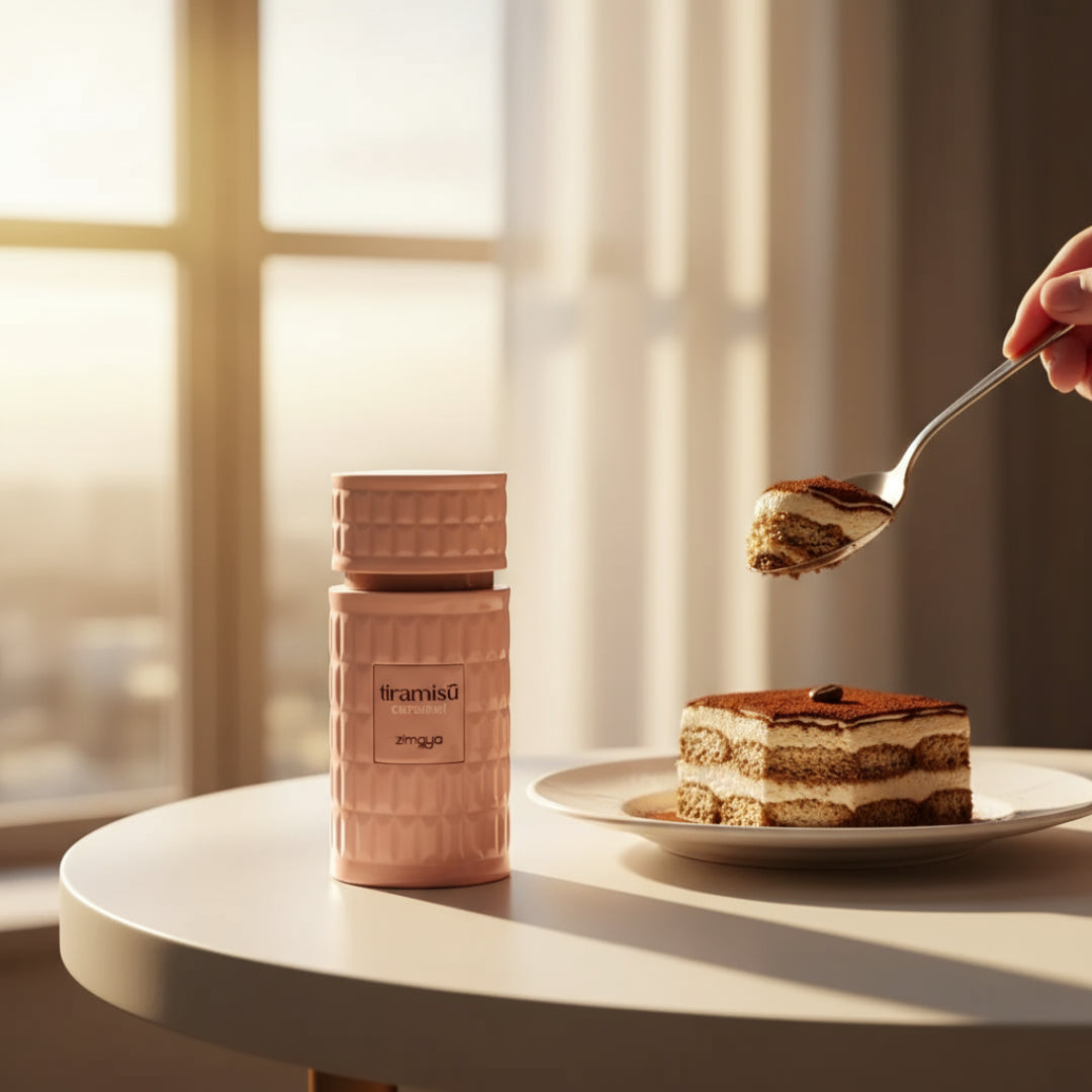 Tiramisu Caramel by Zimaya perfume bottle with tiramisu and golden sunset window light elegant Malaysia