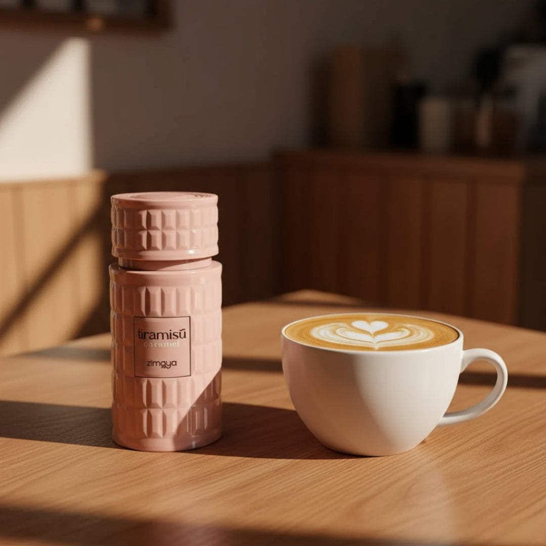 Tiramisu Caramel by Zimaya perfume bottle beside latte art coffee on cozy table morning light Malaysia