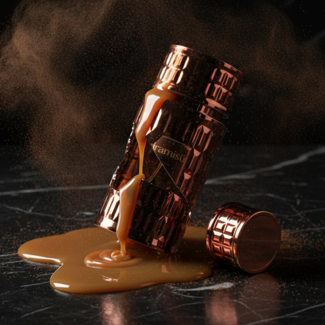 Broken perfume bottle releasing cocoa powder and caramel aroma Malaysia &ndash; Tiramisu Coco”