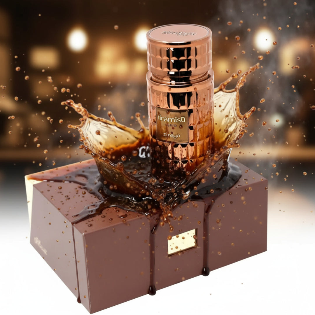 Bronze-colored perfume bottle on a matching box with 'firamisu' branding - Perfume bottle hit by espresso splash coffee energy Malaysia”