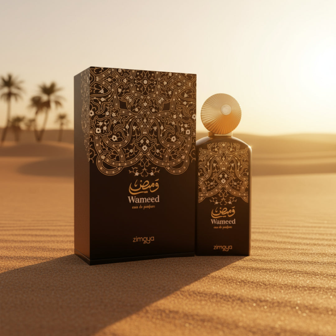 Wameed by Zimaya perfume bottle and box on desert sand golden hour unisex fragrance Malaysia