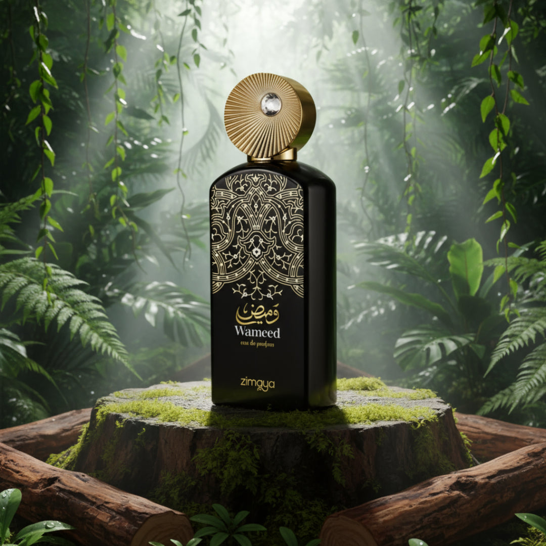 Wameed by Zimaya perfume bottle and box on tree stump rainforest amberwood note unisex fragrance Malaysia