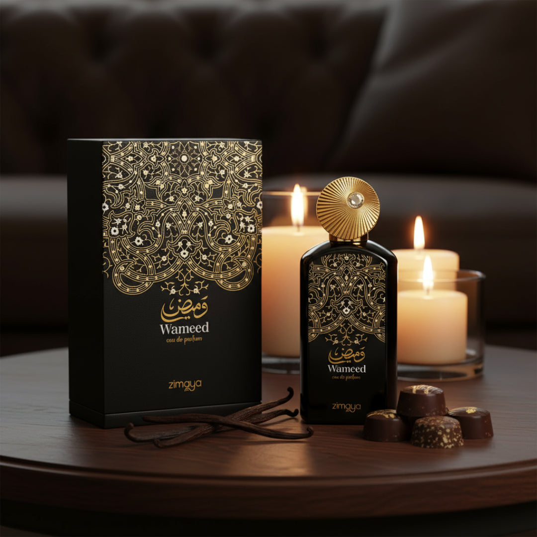 Wameed by Zimaya perfume bottle and box with vanilla pods praline chocolates warm unisex scent Malaysia