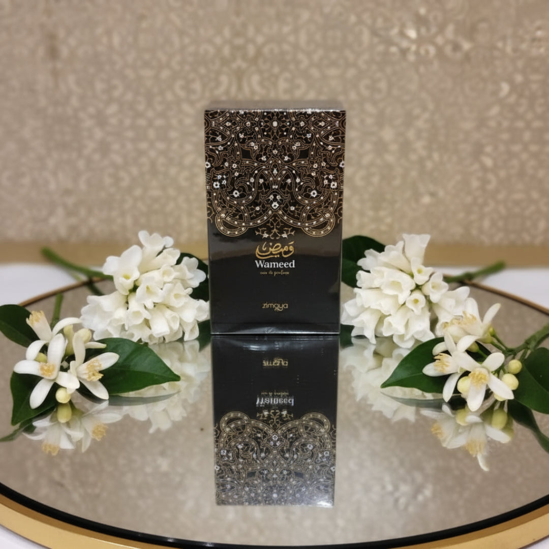 Wameed by Zimaya perfume bottle and box mirror tray with tuberose orange blossom unisex luxury Malaysia