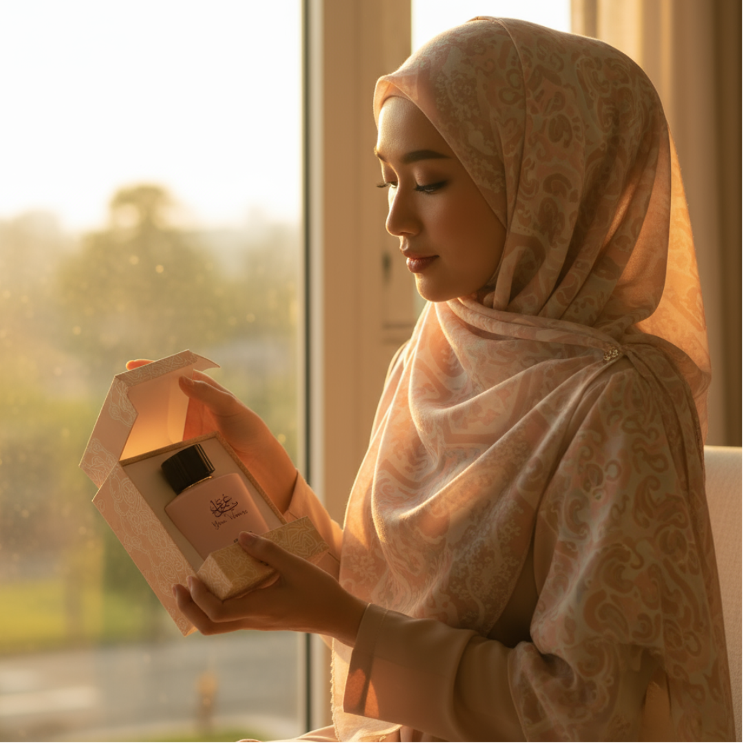 Malay woman opening Zimaya Yaa Umree perfume box by window with golden morning light floral women scent Malaysia