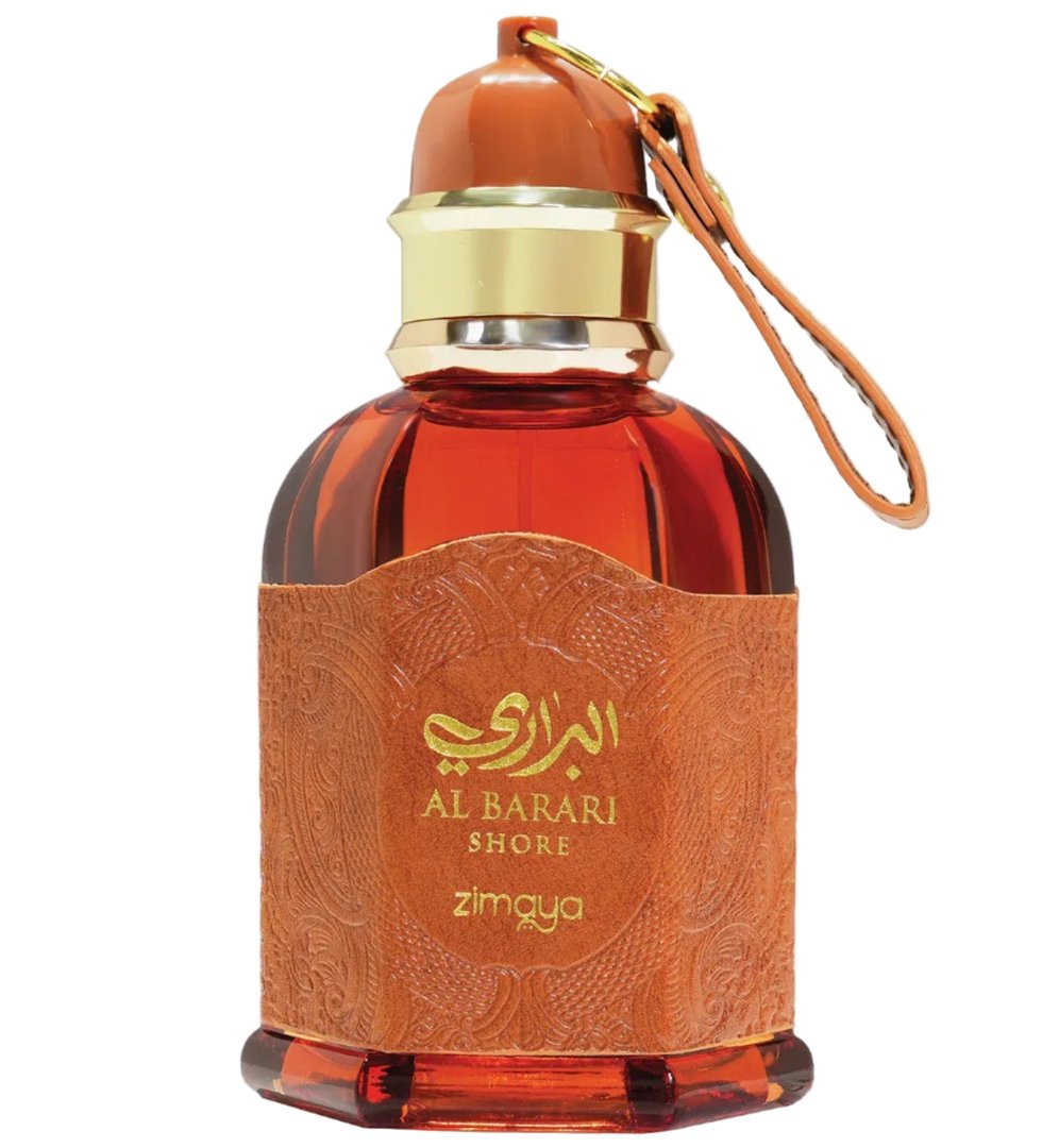 Perfume bottle with leather-like design and gold accents on a white background