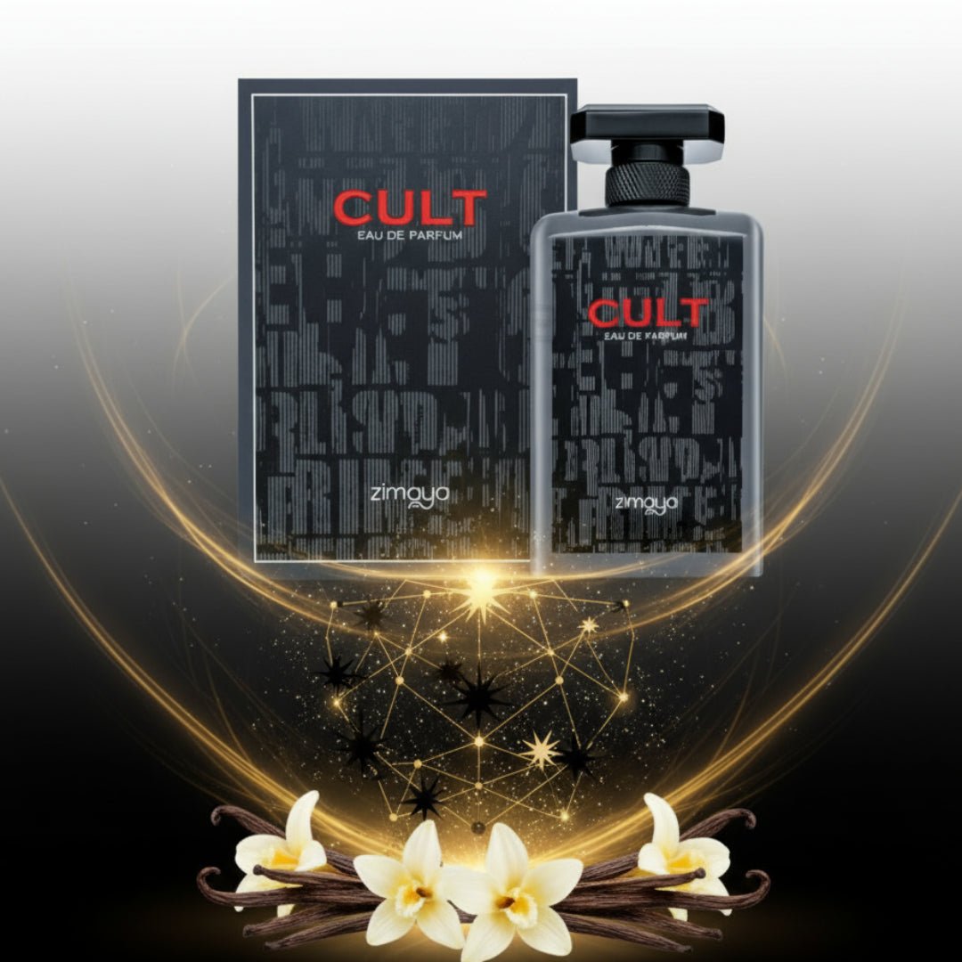 Cult perfume bottle and packaging with vanilla beans and flowers on a dark background