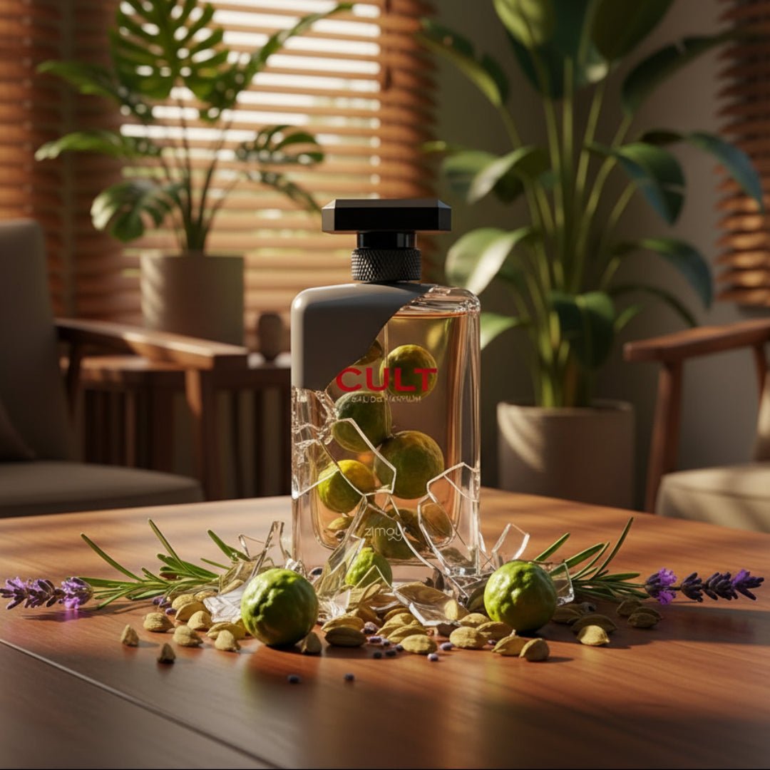 Zimaya Cult men Perfume bottle labeled 'CULT' on a table with green fruits and plants in a room.