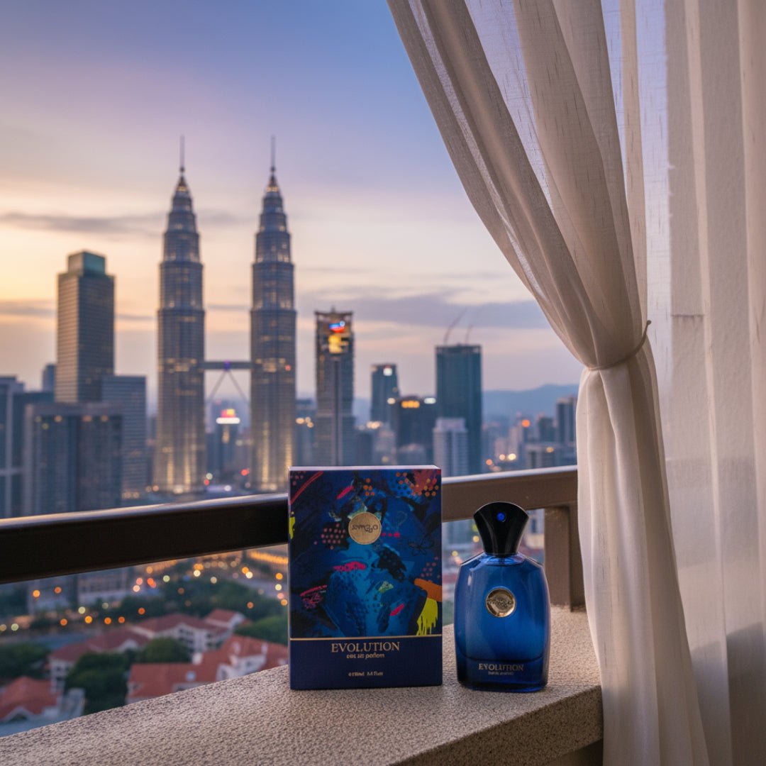 Zimaya evolution perfume bottle and box on balcony KL skyline dusk men fragrance Malaysia