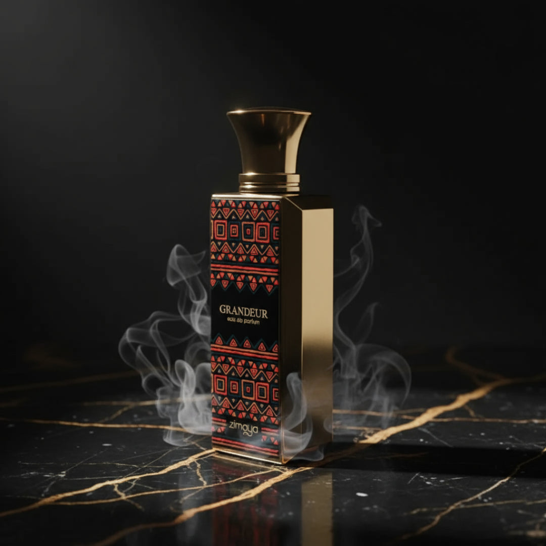 Zimaya Grandeur perfume bottle on black marble with gold veins luxury unisex scent Malaysia