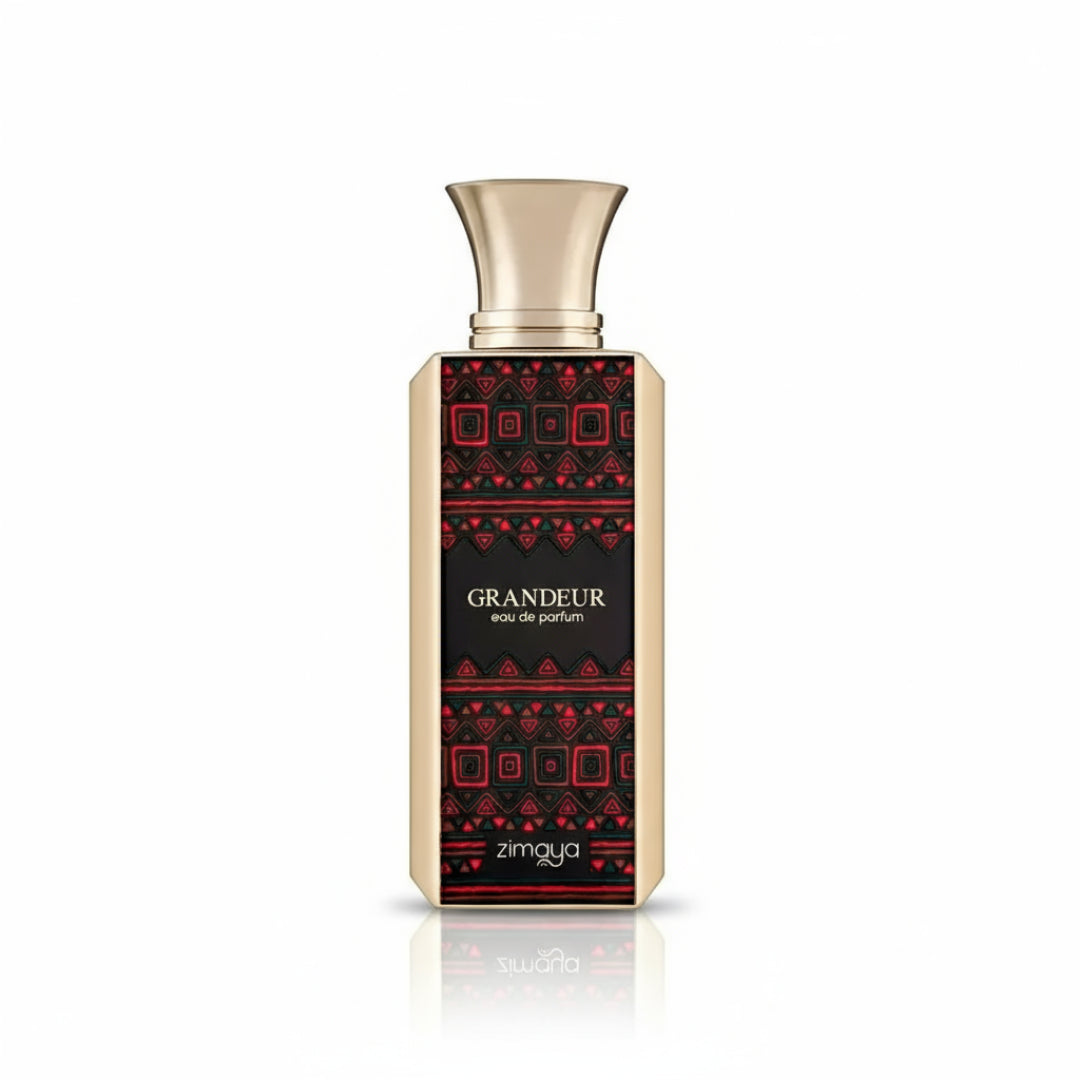 Perfume bottle with gold cap and black and red patterned label on a white background