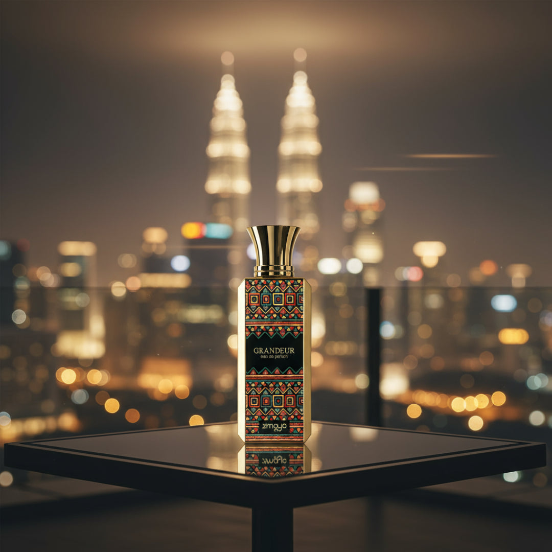 Zimaya Grandeur perfume bottle on rooftop with Kuala Lumpur night lights background luxury fragrance Malaysia