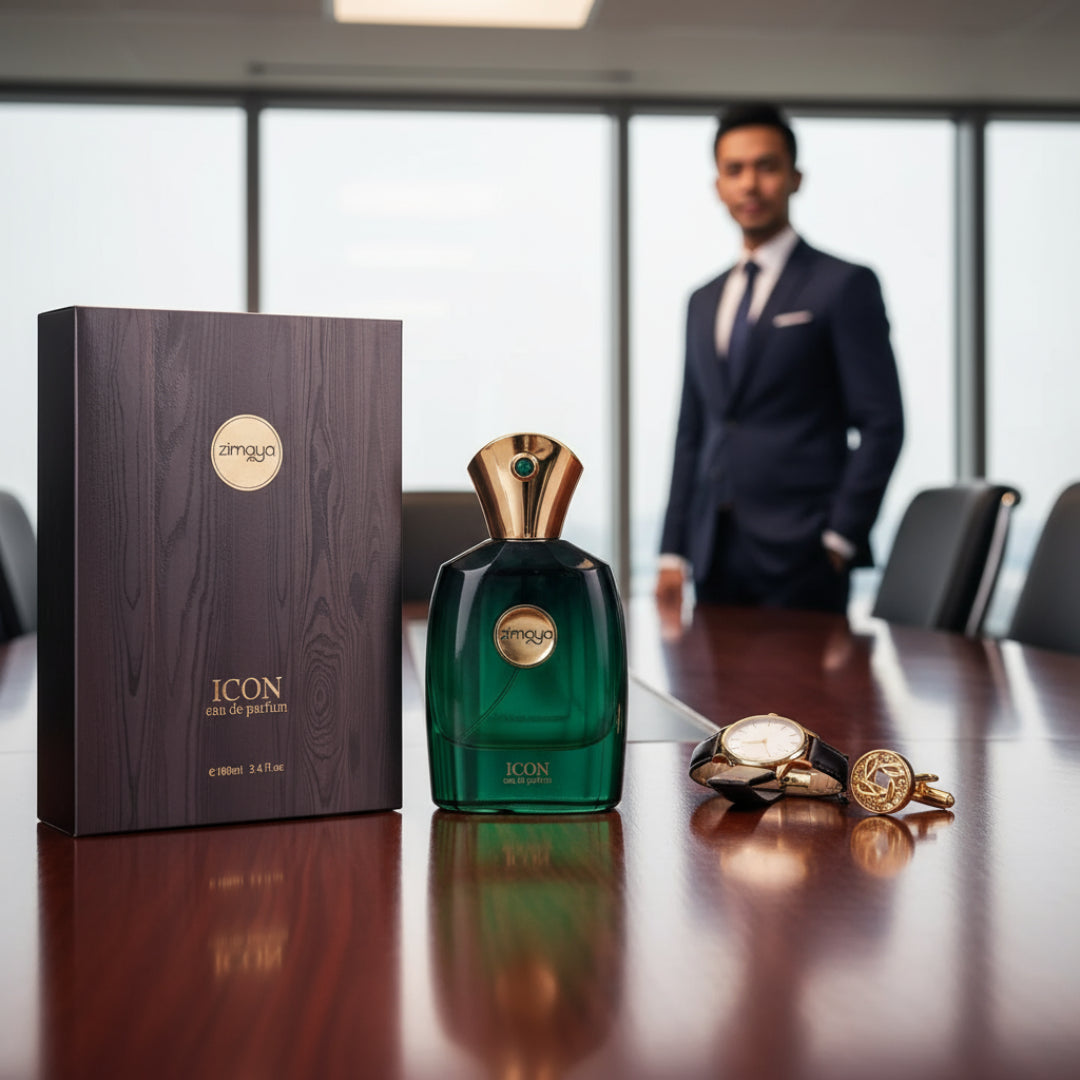 Zimaya Icon perfume bottle and box on boardroom table watch cufflinks men fragrance Malaysia