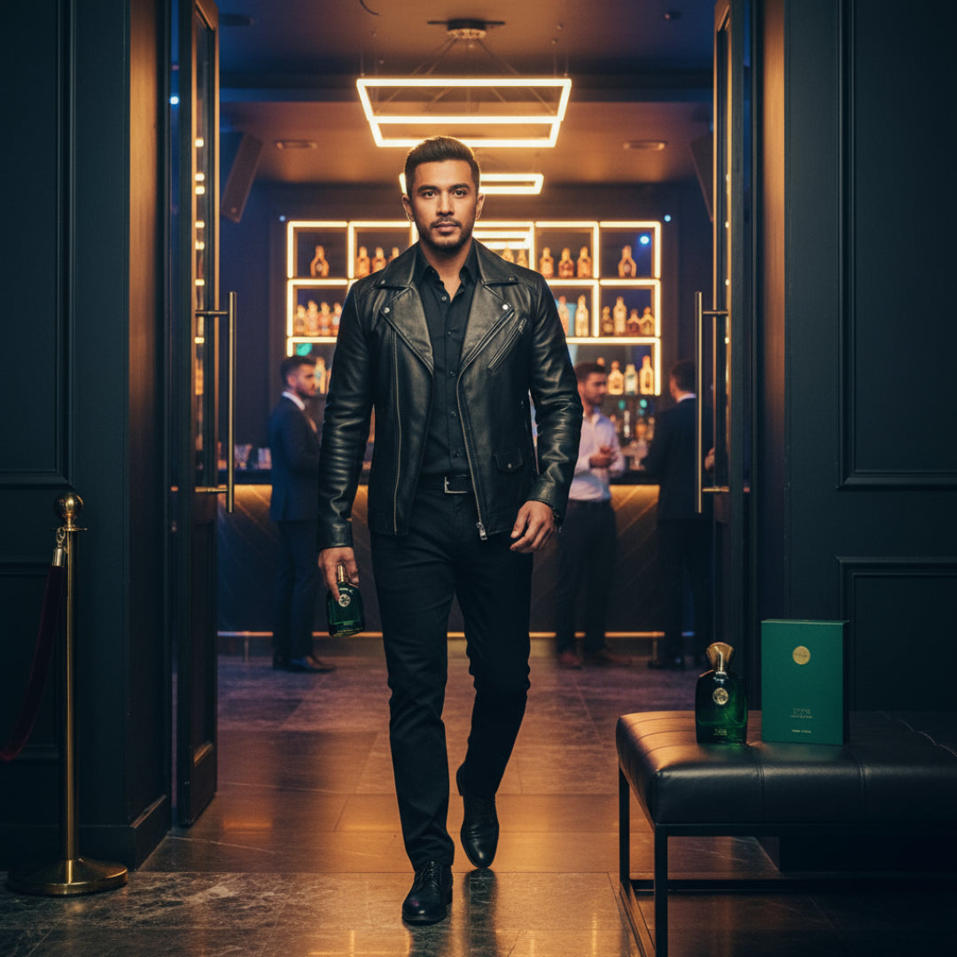 Malay man holding Zimaya Icon perfume bottle and box entering club men fragrance Malaysia