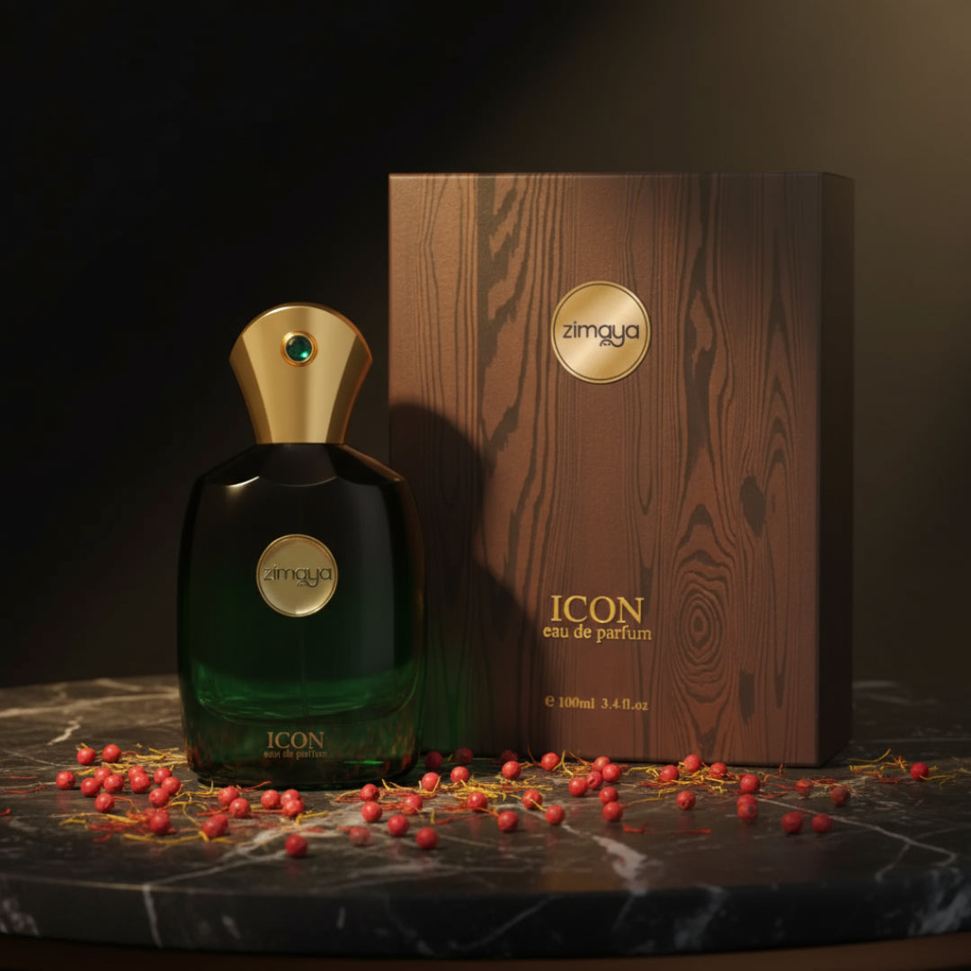 Zimaya Icon perfume bottle and box with pink pepper saffron threads bold men fragrance Malaysia