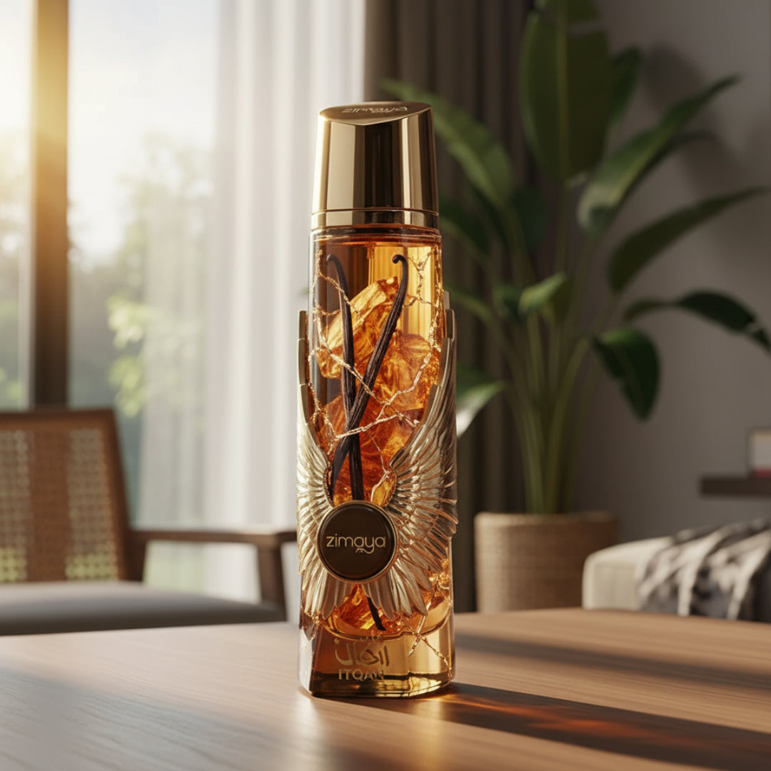 Zimaya Itqan Gold unisex perfume Malaysia &ndash; Decorative bottle with a vanilla bean on a table in a room with plants and furniture.