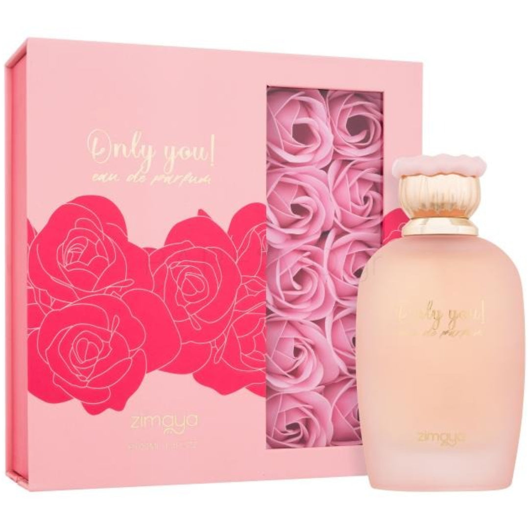 Perfume bottle with pink packaging featuring roses on a white background