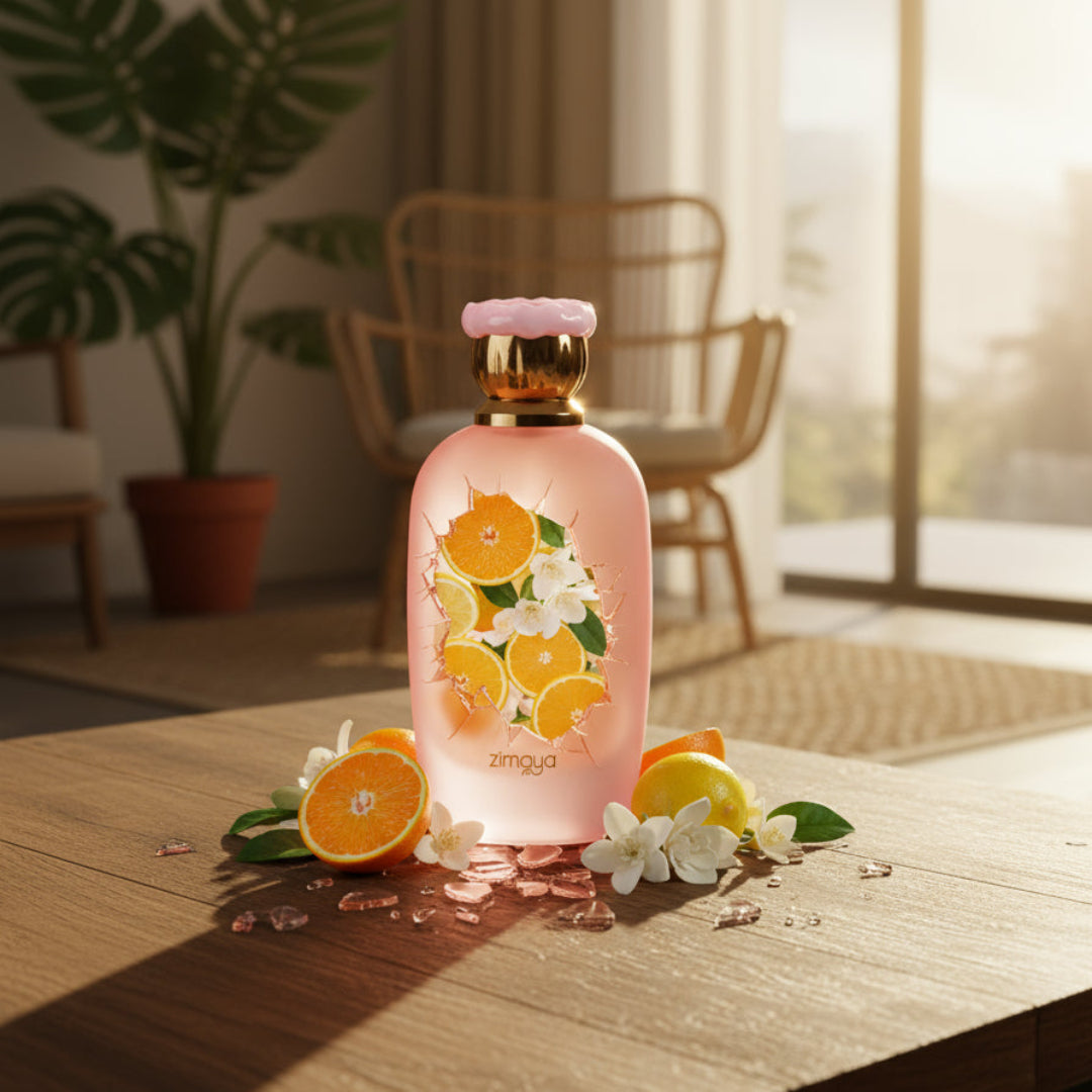 Pink bottle with floral and fruit design on a wooden table, sunlit room with plants and furniture.