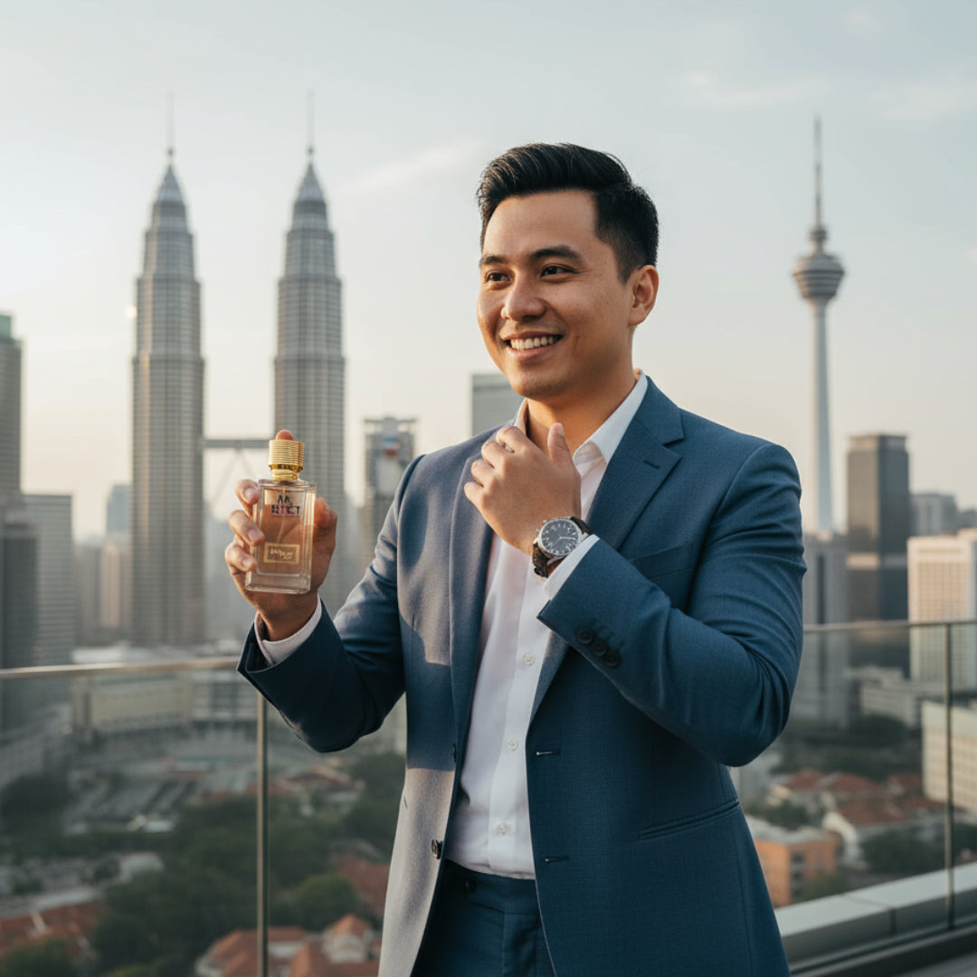 Man in a blue suit holding a perfume Reflect bottle with city skyline in the background