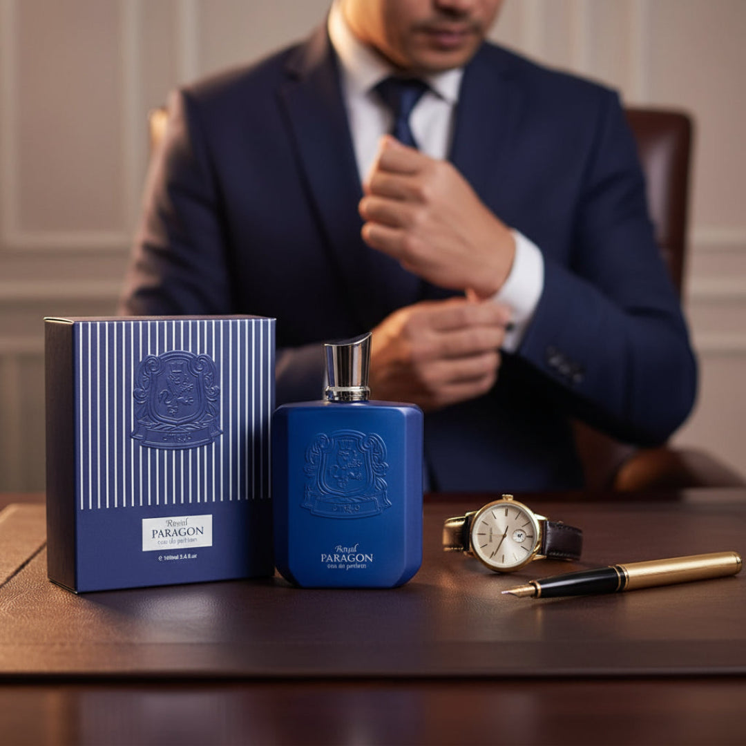 Zimaya Royal Paragon perfume bottle and box on leather desk with gold watch luxury men scent Malaysia”