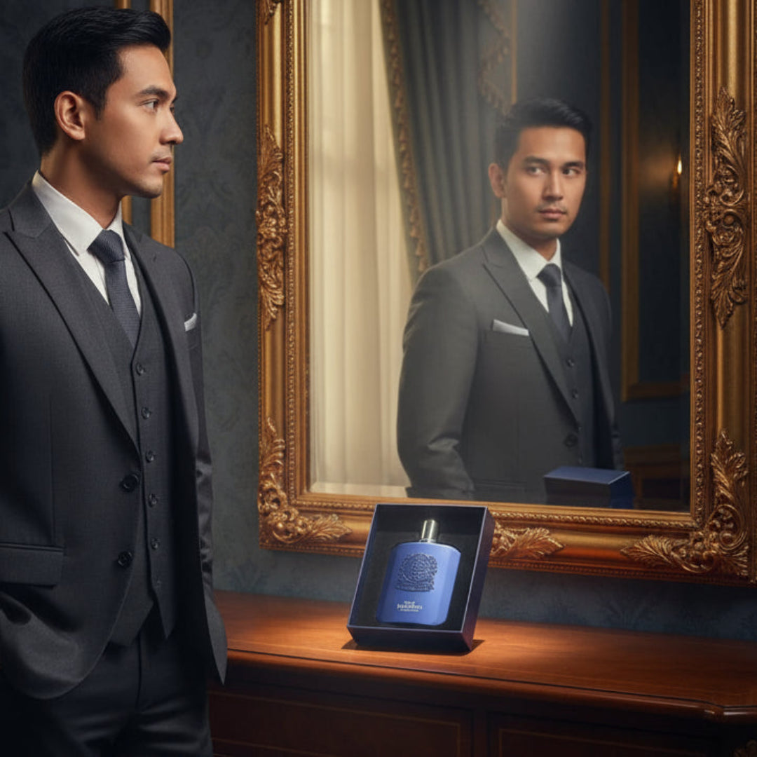 Malay man looking in mirror with Zimaya Royal Paragon perfume bottle on dresser luxury men Malaysia”