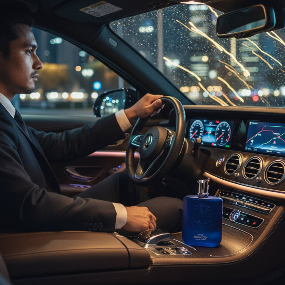 Malay man with Zimaya Royal Paragon perfume in car dashboard KL night lights men fragrance Malaysia