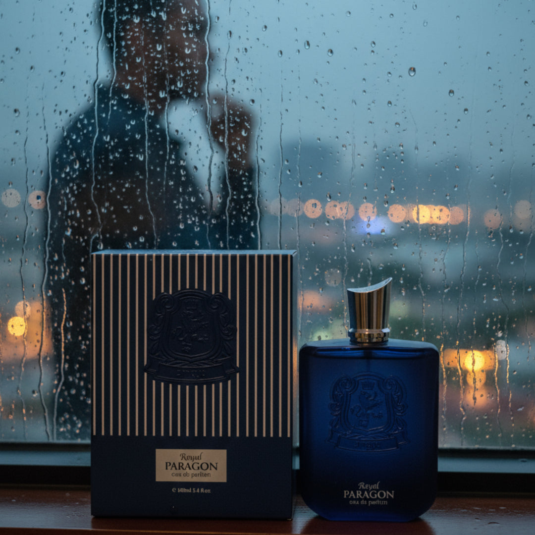 Zimaya Royal Paragon perfume bottle on window ledge with rainy KL city lights men fragrance Malaysia