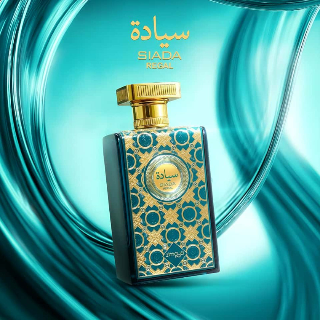Perfume bottle with gold and blue design on a teal background