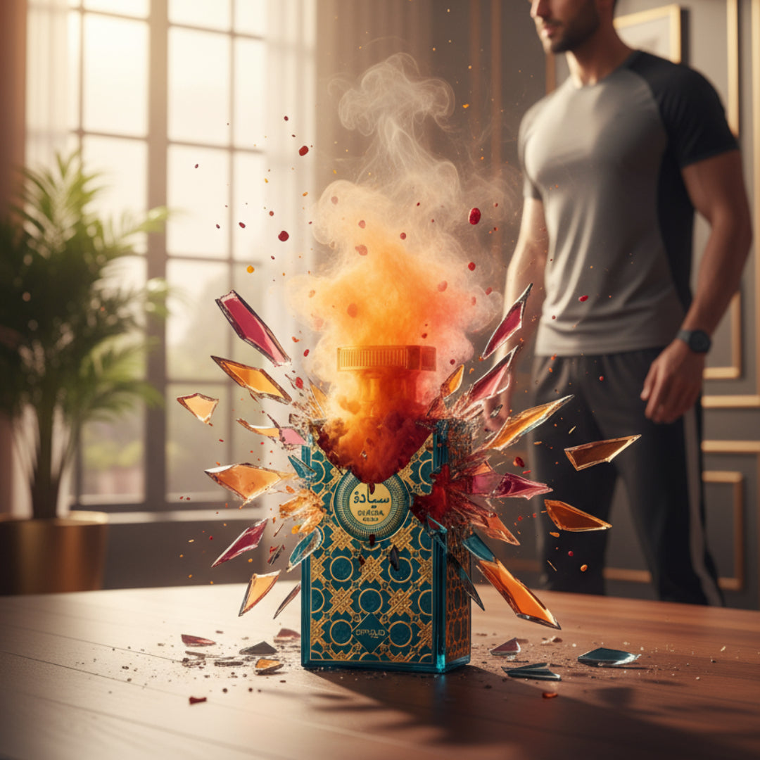 Explosion of a decorative box on a table with a person in the background