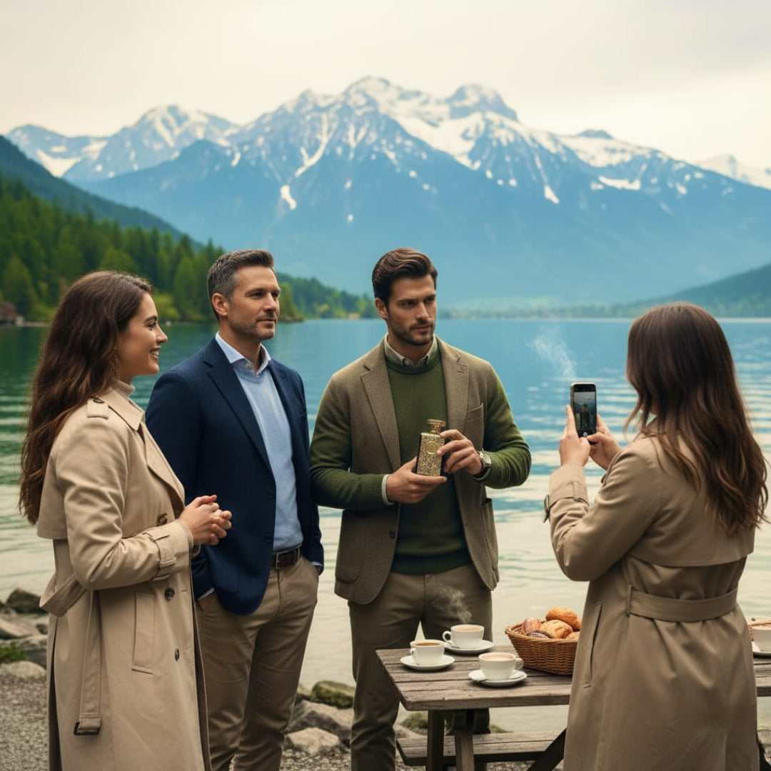Two women taking a photo of two men by a lake with mountains in the background