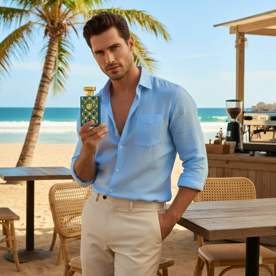Man holding a bottle of cologne by a beach with palm trees and a cafe in the background