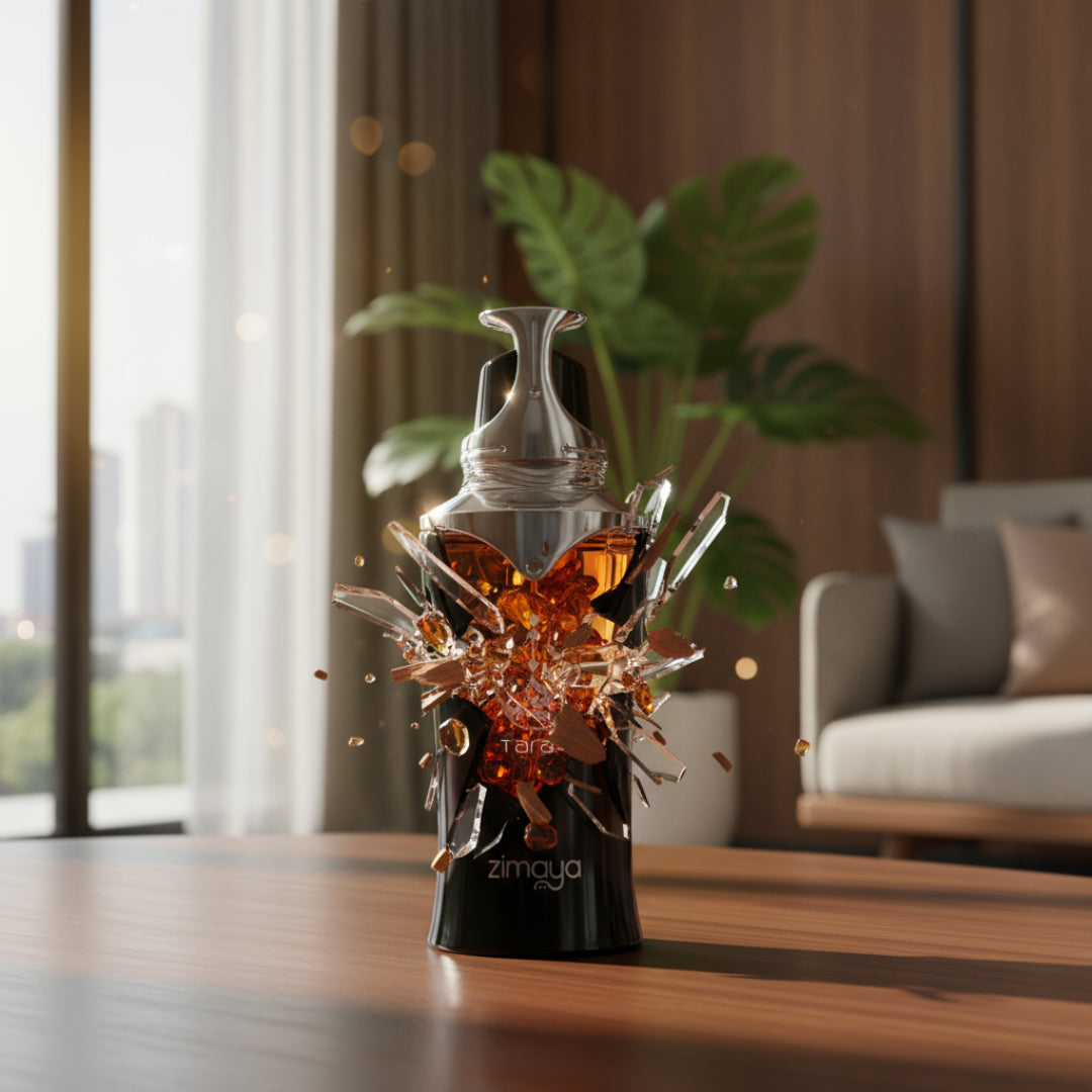 Zimaya Taraf Black Perfume broken with butterfly design on a wooden table in a modern living room.