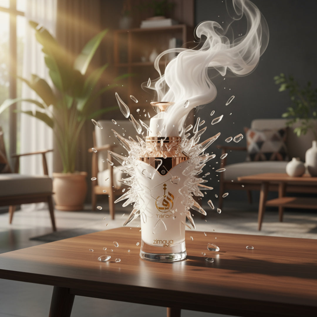 Zimaya Taraf White 100ml Glass broken bottle with steam or smoke effect on a wooden table in a modern living room.