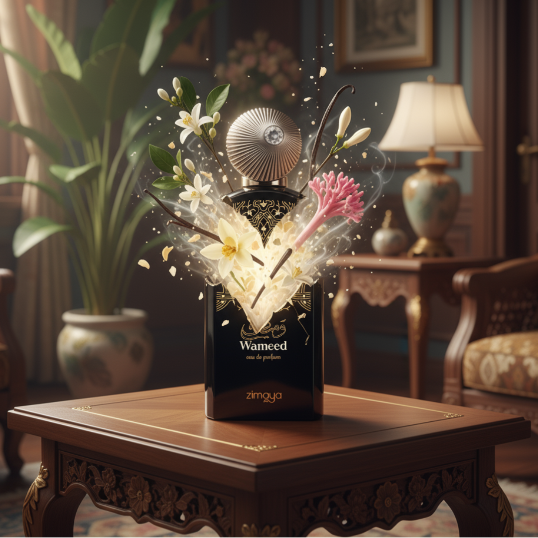 Black perfume bottle with intricate design and 'Waneed' branding on a white background