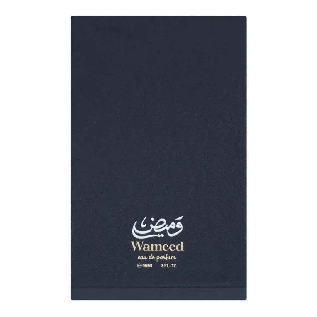 Navy blue packaging of Wameed eau de parfum with white text.