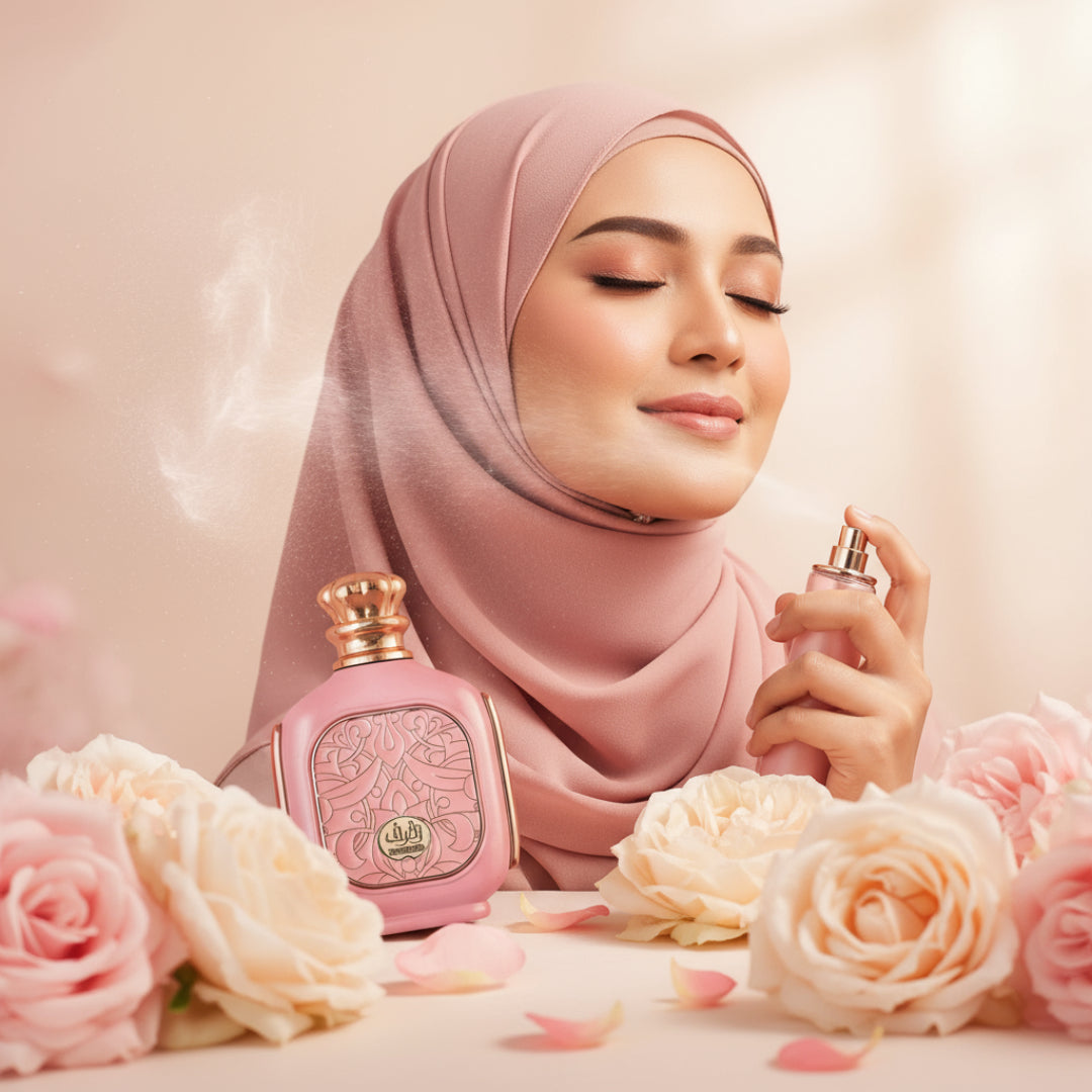 Malay hijabi woman smiling softly after spraying perfume pink mist romantic Malaysia