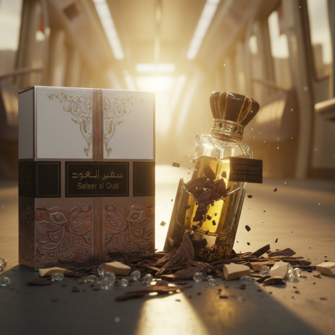 Perfume bottle and packaging on a white background