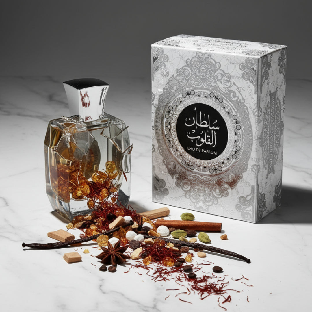 Perfume bottle and packaging with decorative design on a white background