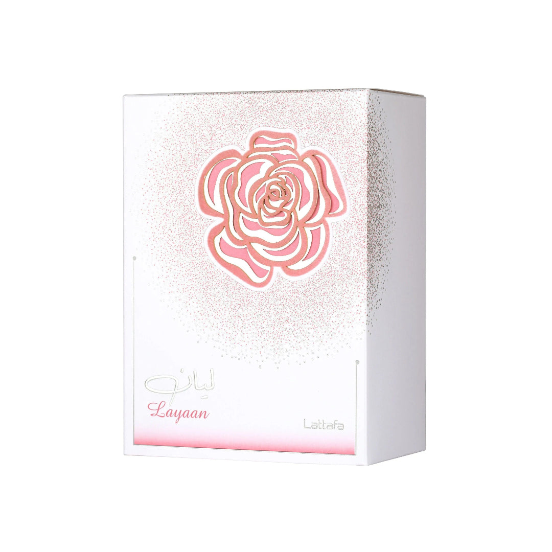 White box with pink rose design and 'Layaan' branding on a white background