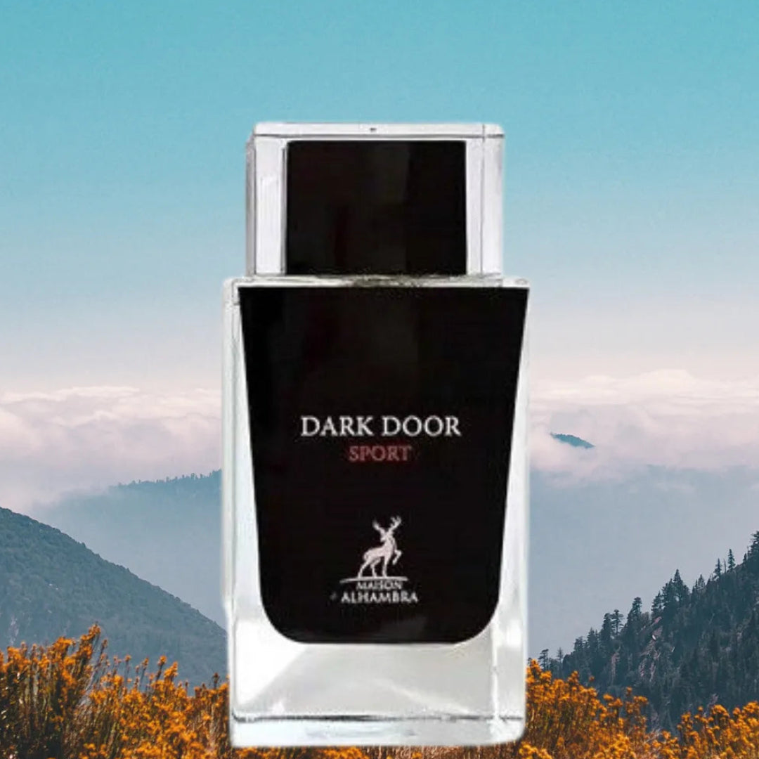 Perfume bottle labeled 'Dark Door Sport' with a mountainous landscape in the background