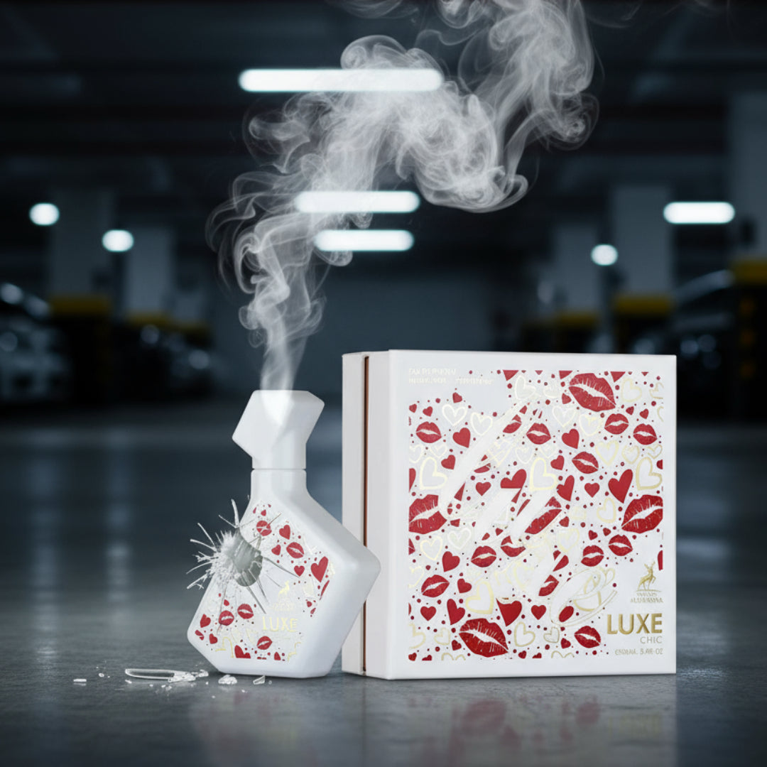 Perfume bottle broken, white floral coconut haze emerging; car park under soft light Malaysia &mdash; clear bottle and box, cinematic lighting.