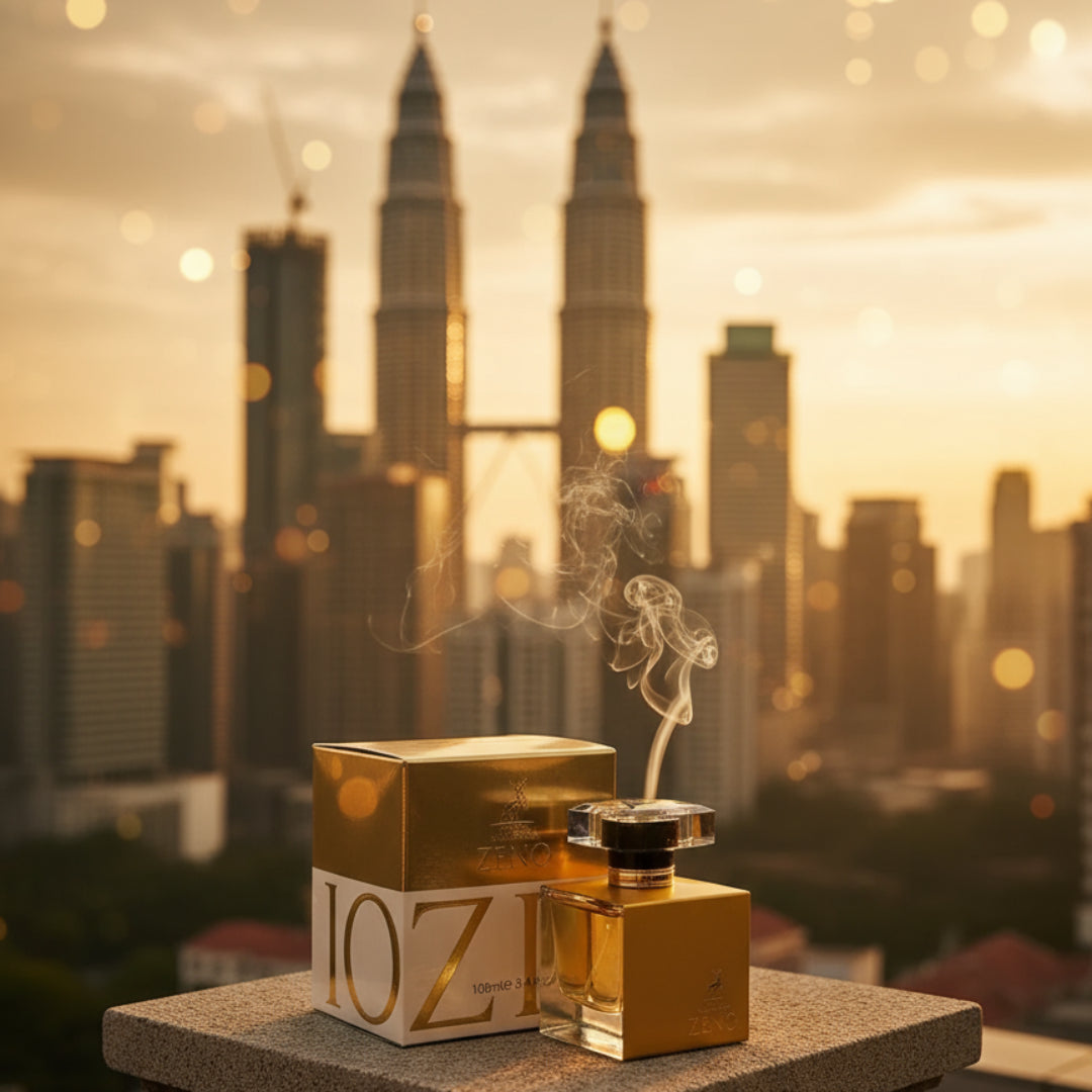Gold Zeno perfume bottle and packaging on a light background