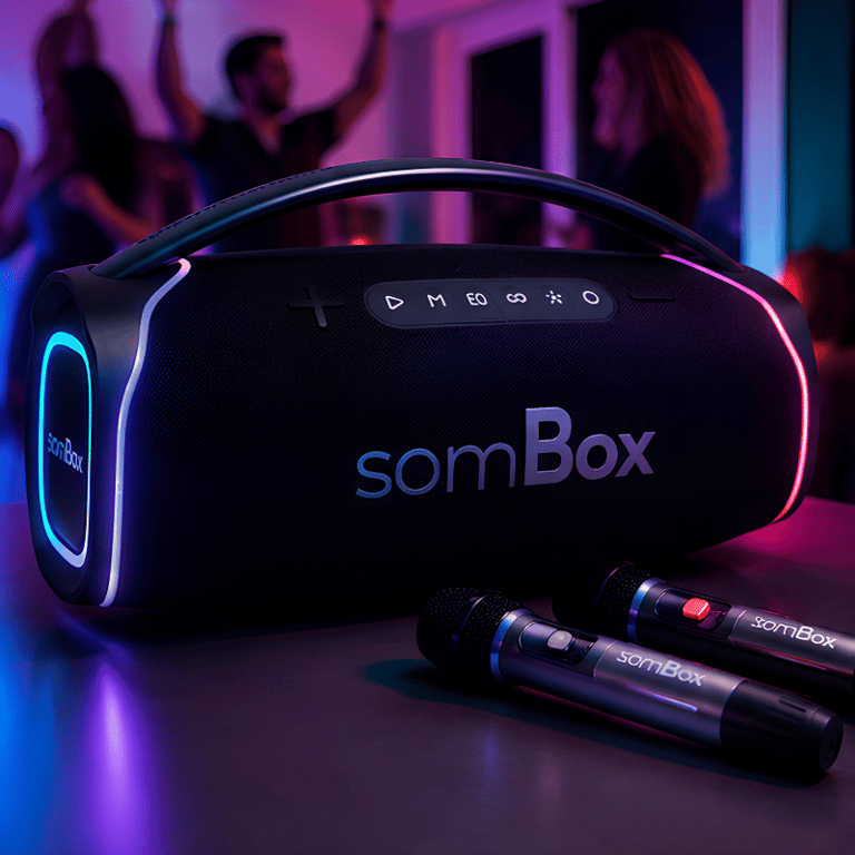 Caixa de Som Bluetooth SomBox 320W RMS Portátil com 27.000mAh 2 Microfones Sem Fio Bluetooth 5.3 TWS e Iluminação RGB