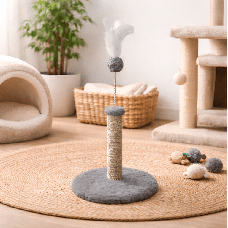 Arranhador Cinza Pequeno Para Gatos Com Base Pelúcia E Pena Interativa