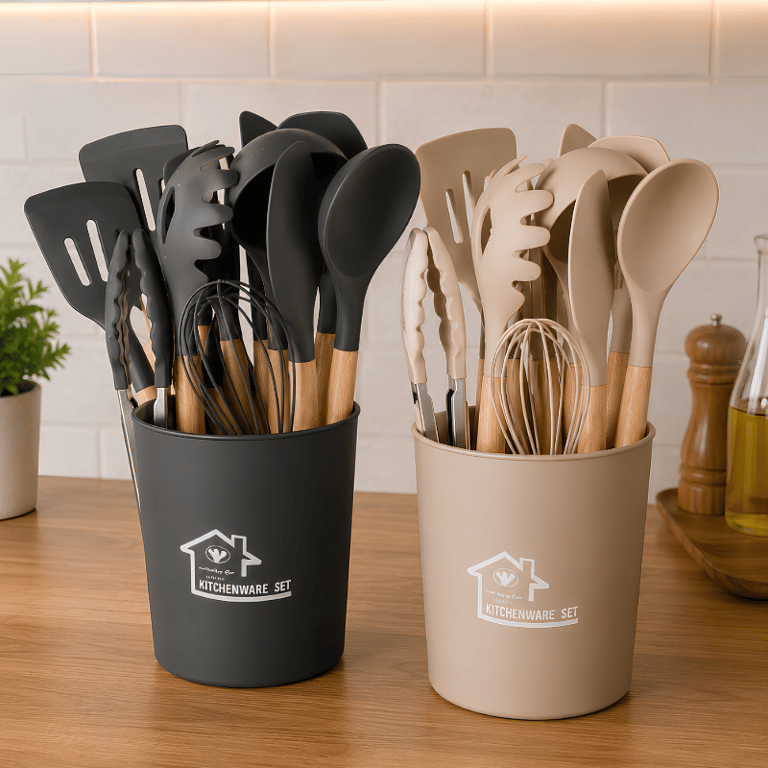 Jogo de Utensílios de Cozinha em Silicone com Cabo de Madeira  Kit Completo com 12 Peças Suporte Organizador Alta Resistência ao Calor e Design Sofisticado